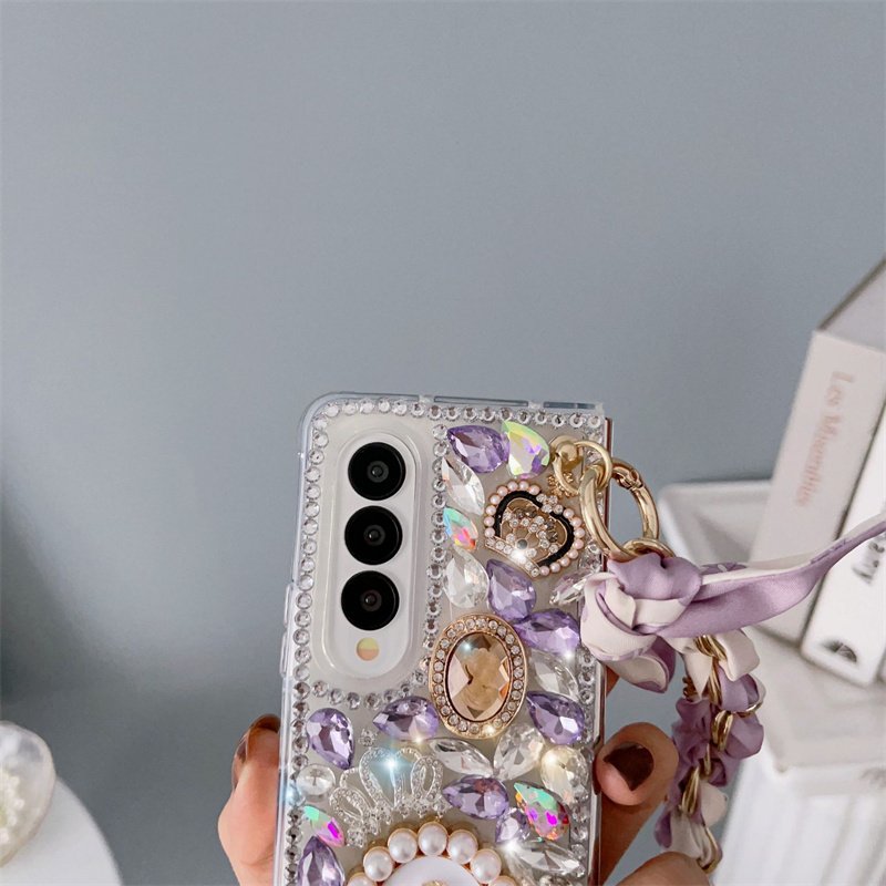 Luxury Handmade Crystal Diamond Bling Glitter Mobile Phone Cover For Samsung Z Fold 5 4 3 Case With Silk Scarf Wrist Strap