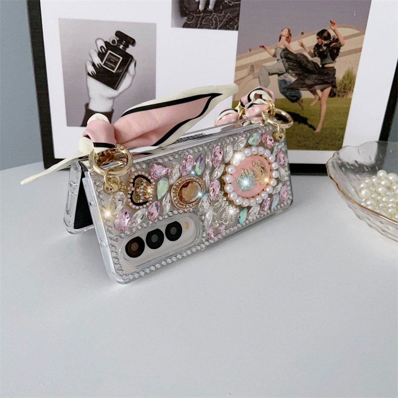 Luxury Handmade Crystal Diamond Bling Glitter Mobile Phone Cover For Samsung Z Fold 5 4 3 Case With Silk Scarf Wrist Strap