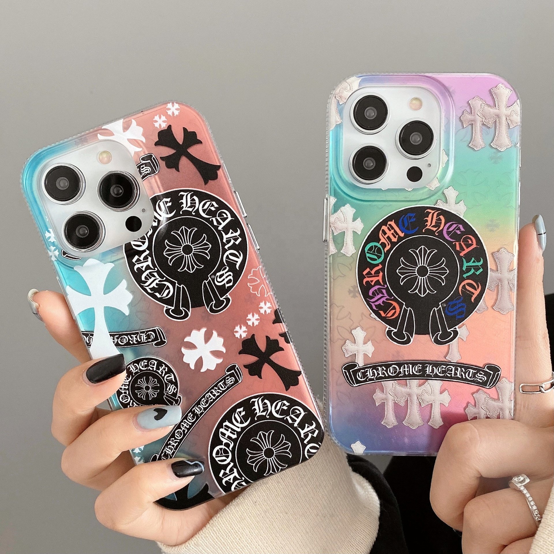 Fashion hard TPU Gradient Color chrome hearts Mobile Phone Case For iphone 15 12 13 14 16 Pro Max