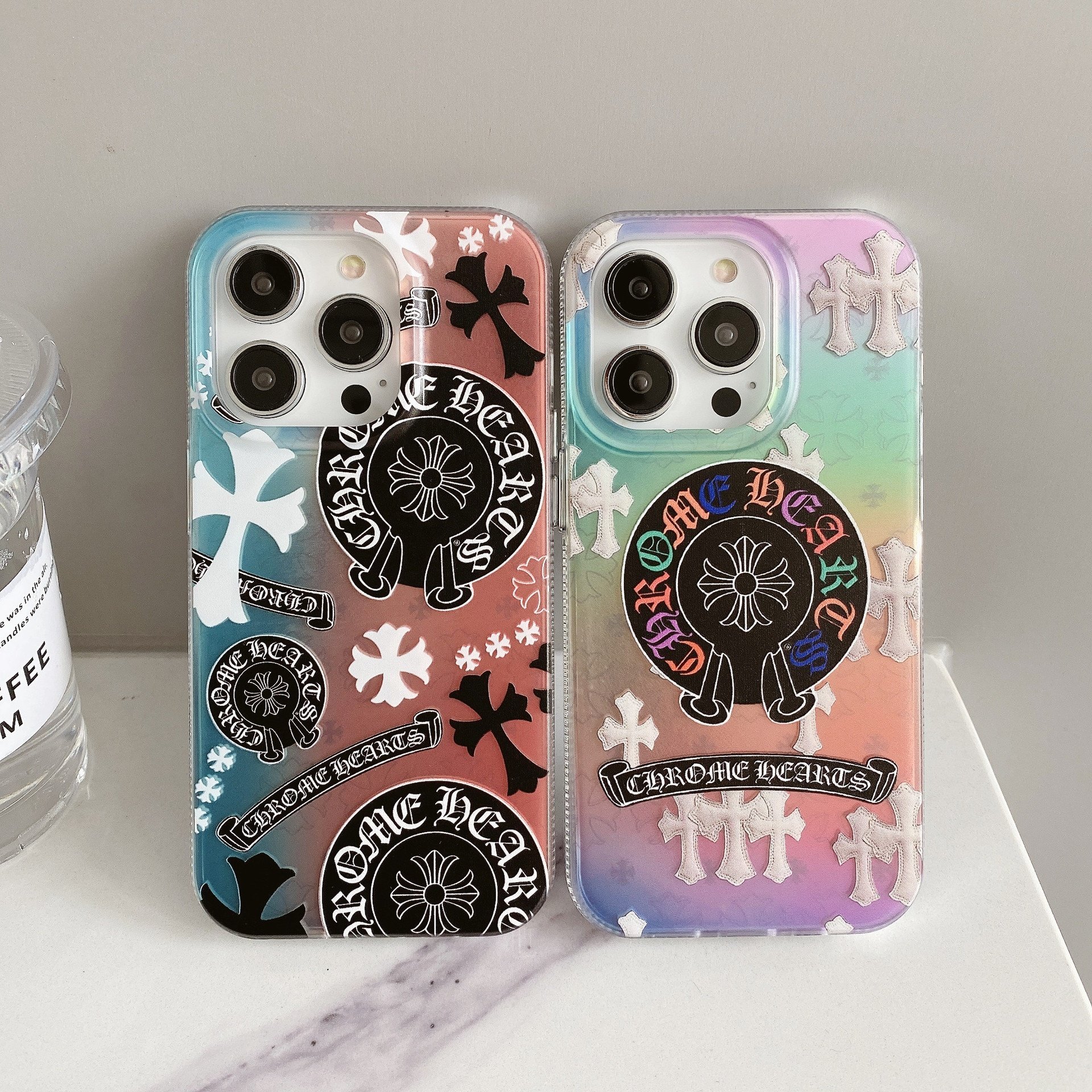 Fashion hard TPU Gradient Color chrome hearts Mobile Phone Case For iphone 15 12 13 14 16 Pro Max