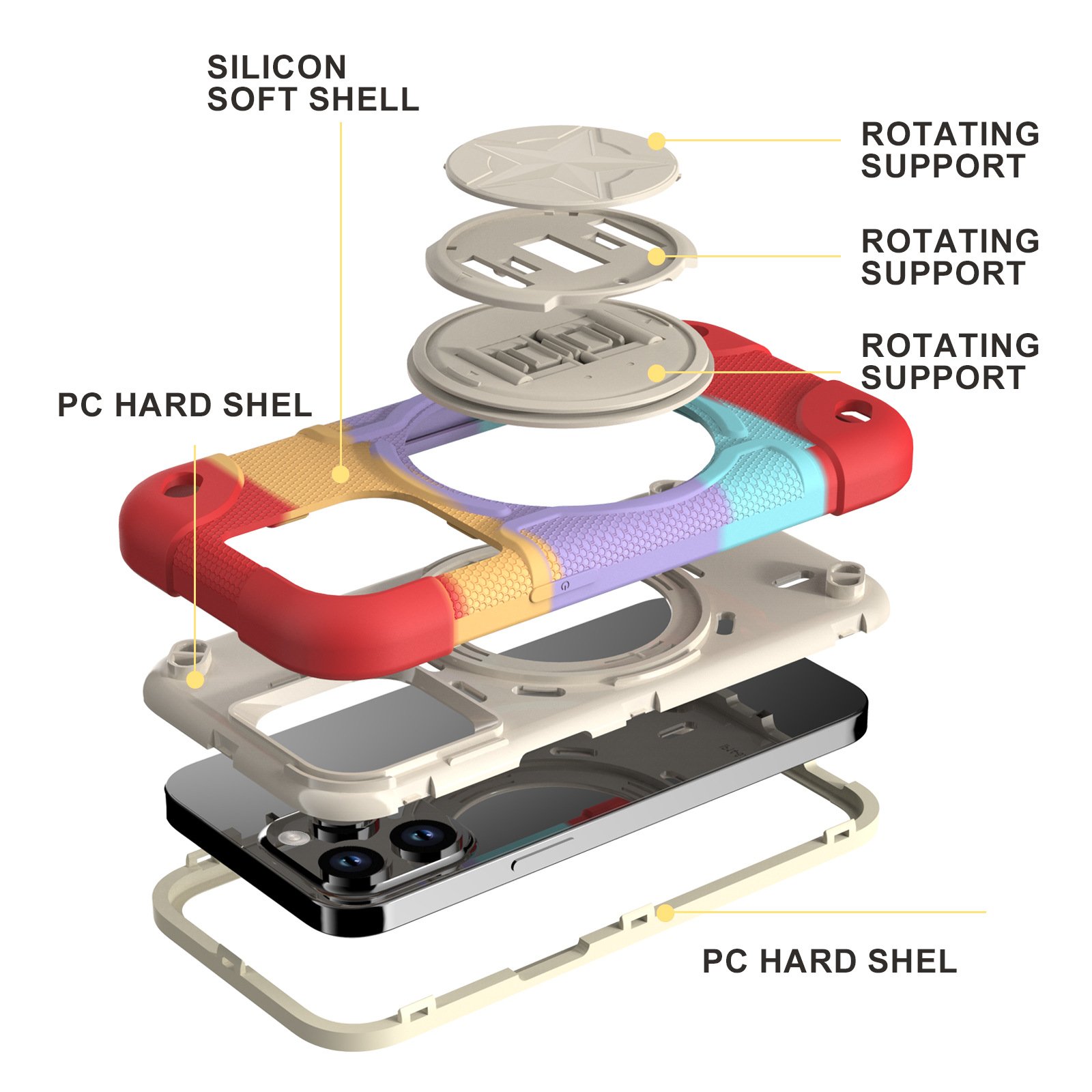 3 in 1 Anti fall Silicone PC Mobile Phone Case For iPhone 15 14 13 12 11 Pro max holder Armor Stand Shield Shockproof Back Cover