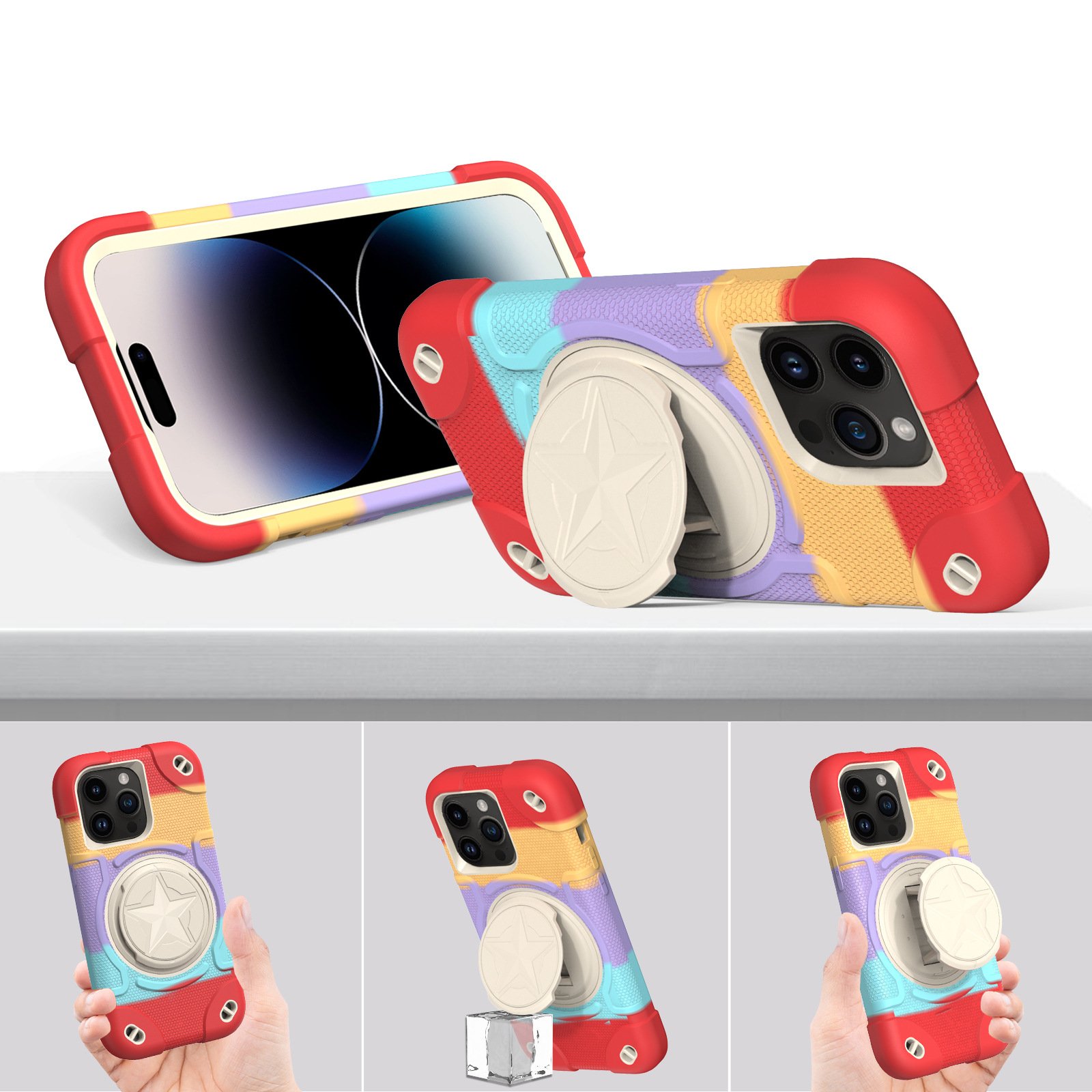 3 in 1 Anti fall Silicone PC Mobile Phone Case For iPhone 15 14 13 12 11 Pro max holder Armor Stand Shield Shockproof Back Cover