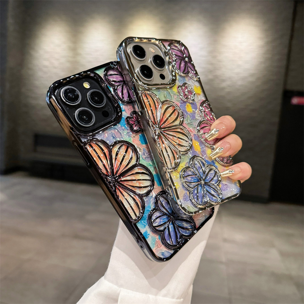 Spot unique girl electroplated luxury mobile phone case three-dimensional flower anti-fall soft Protective cover for Iphone 14+