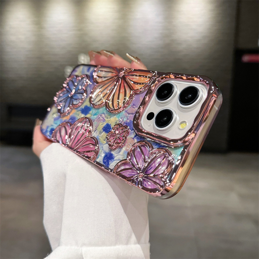 Spot unique girl electroplated luxury mobile phone case three-dimensional flower anti-fall soft Protective cover for Iphone 14+