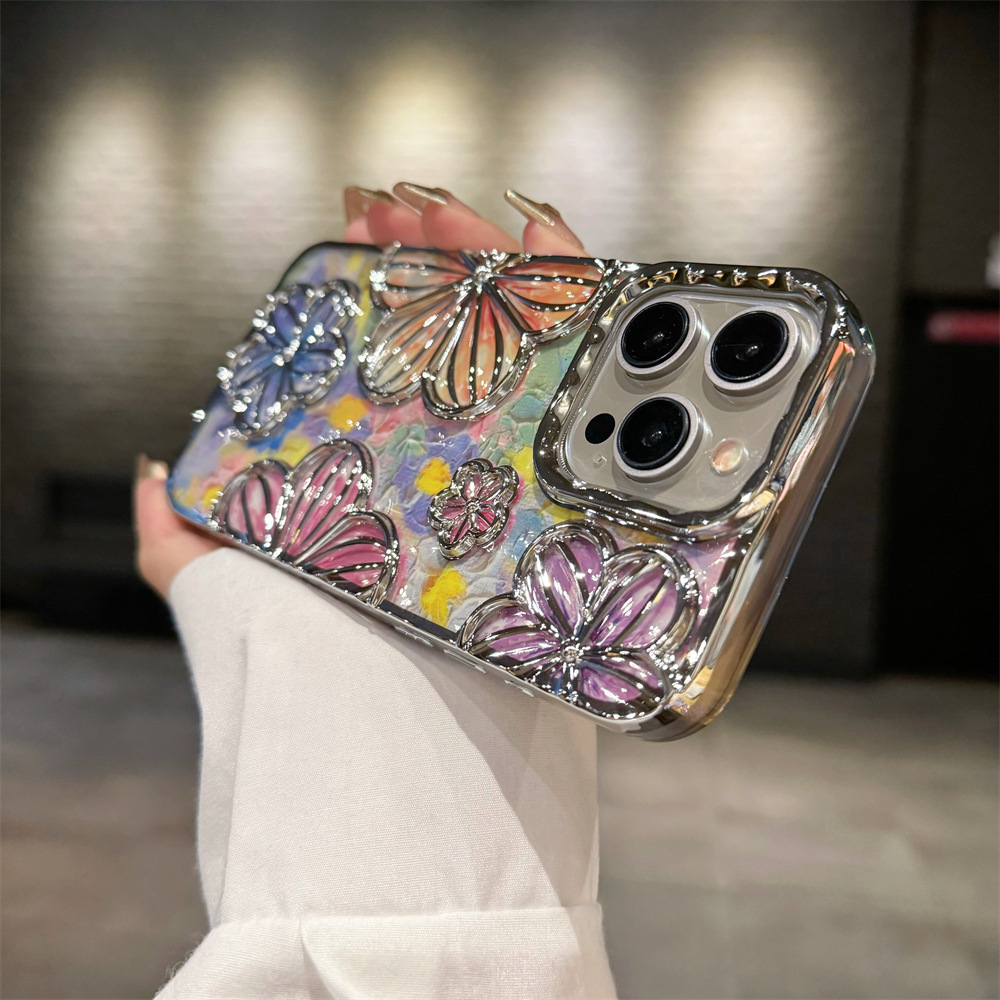 Spot unique girl electroplated luxury mobile phone case three-dimensional flower anti-fall soft Protective cover for Iphone 14+