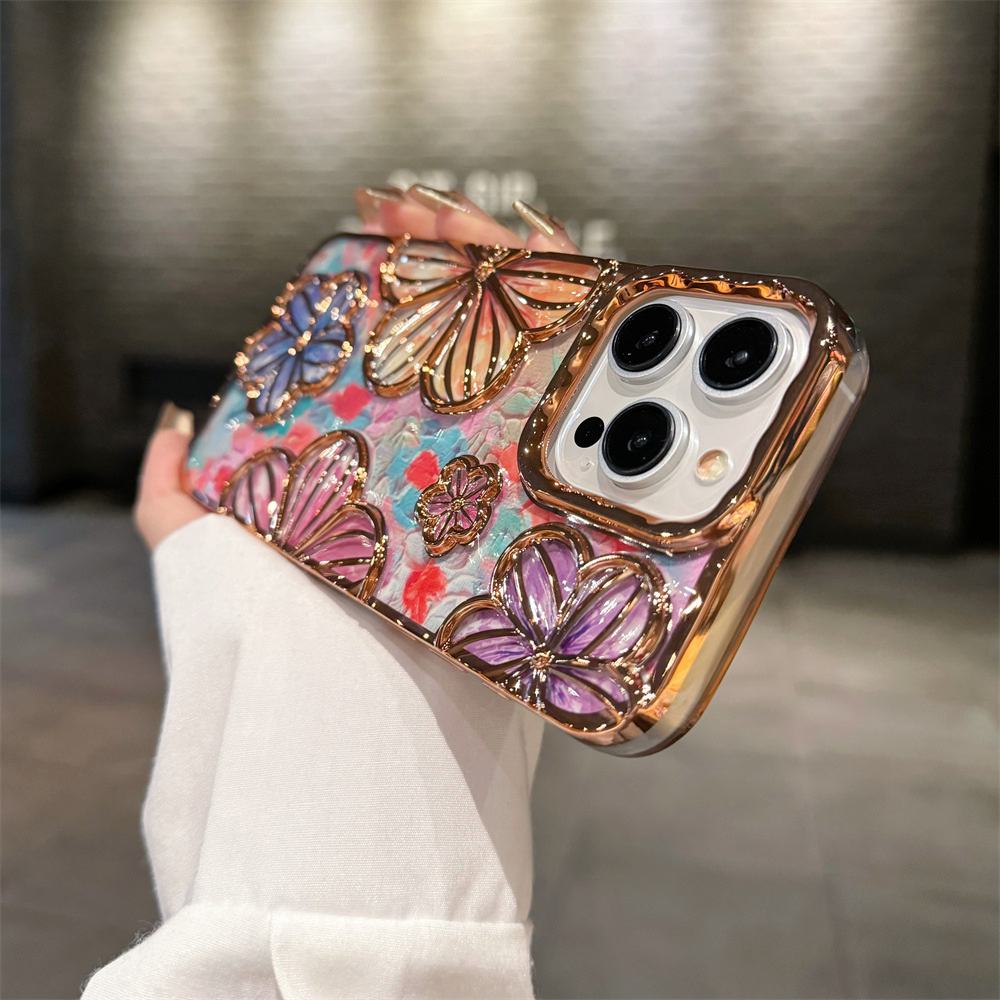 Spot unique girl electroplated luxury mobile phone case three-dimensional flower anti-fall soft Protective cover for Iphone 14+