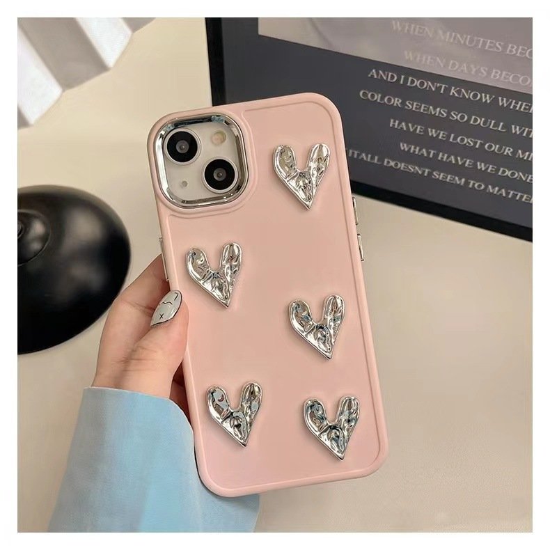 Luxury 3D Sliver Folded Love Heart Soft Phone Case For iPhone 13 12 11 14 15 Pro XS MAX 7 8 Plus Plating Protective Cover Capa