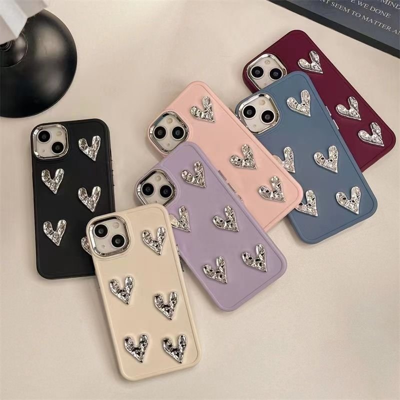 Luxury 3D Sliver Folded Love Heart Soft Phone Case For iPhone 13 12 11 14 15 Pro XS MAX 7 8 Plus Plating Protective Cover Capa