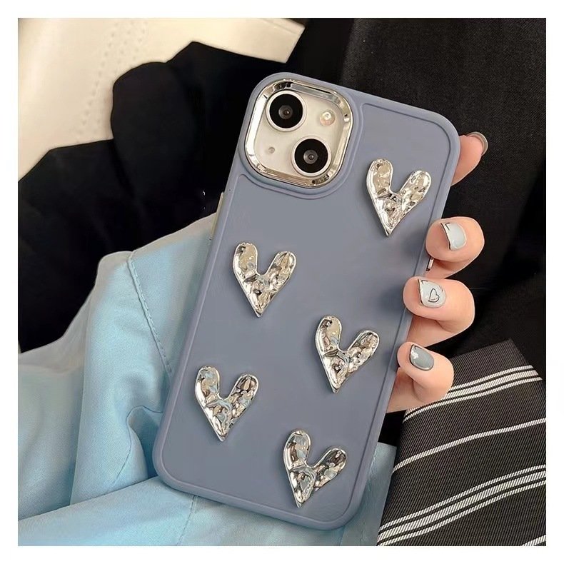 Luxury 3D Sliver Folded Love Heart Soft Phone Case For iPhone 13 12 11 14 15 Pro XS MAX 7 8 Plus Plating Protective Cover Capa