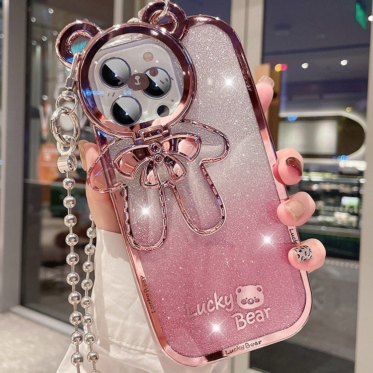 New Beauty Women Glitter Mobile Phone Case Lucky Bear Protective Cover for iphone 15 i14 Invisible Bracket Chain Lanyard Case