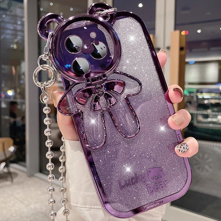New Beauty Women Glitter Mobile Phone Case Lucky Bear Protective Cover for iphone 15 i14 Invisible Bracket Chain Lanyard Case
