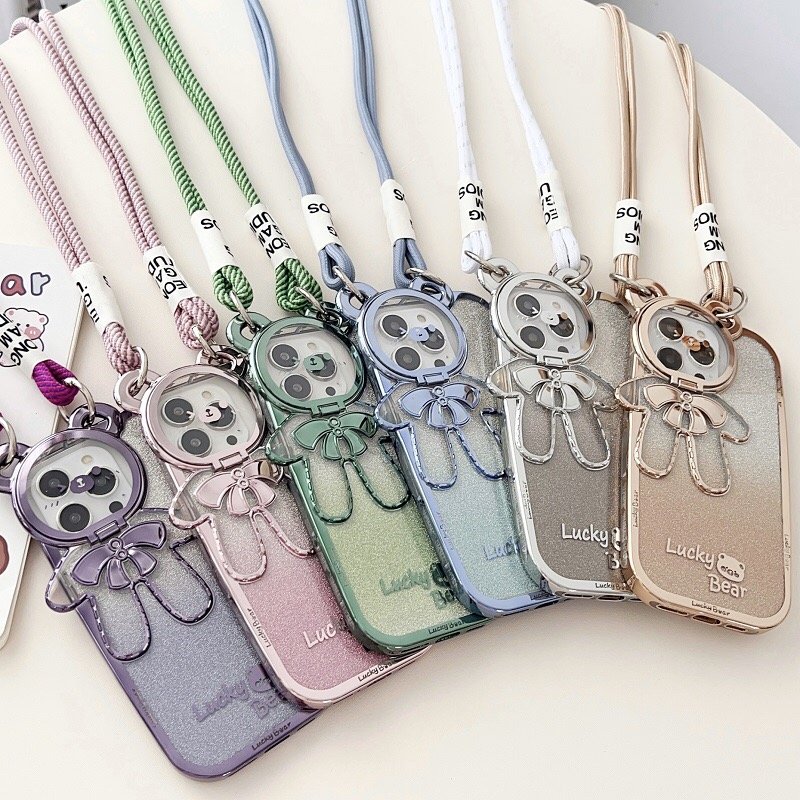 New Beauty Women Glitter Mobile Phone Case Lucky Bear Protective Cover for iphone 15 i14 Invisible Bracket Chain Lanyard Case