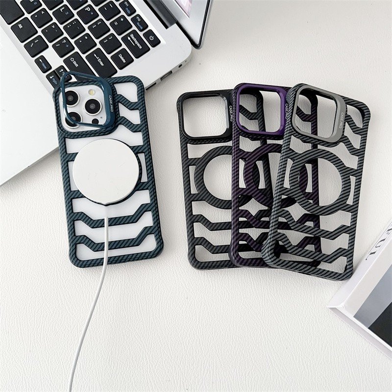 New Arrivals With Lens Bracket Carbon Fiber Stripes Hollow Heat Dissipation Magnetic Phone Case For iPhone 12 13 14 15 16 ProMax