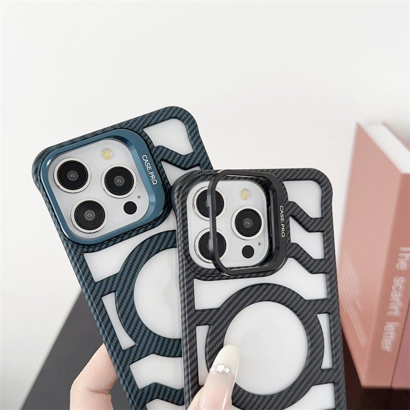 New Arrivals With Lens Bracket Carbon Fiber Stripes Hollow Heat Dissipation Magnetic Phone Case For iPhone 12 13 14 15 16 ProMax