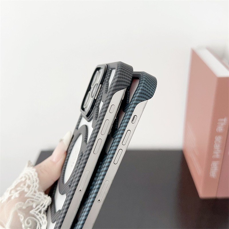 New Arrivals With Lens Bracket Carbon Fiber Stripes Hollow Heat Dissipation Magnetic Phone Case For iPhone 12 13 14 15 16 ProMax
