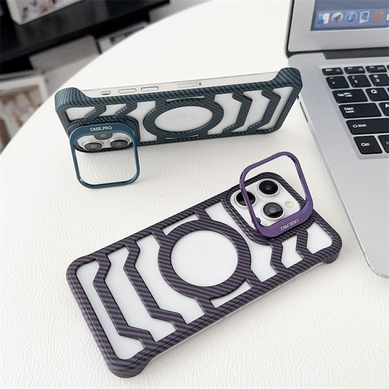 New Arrivals With Lens Bracket Carbon Fiber Stripes Hollow Heat Dissipation Magnetic Phone Case For iPhone 12 13 14 15 16 ProMax