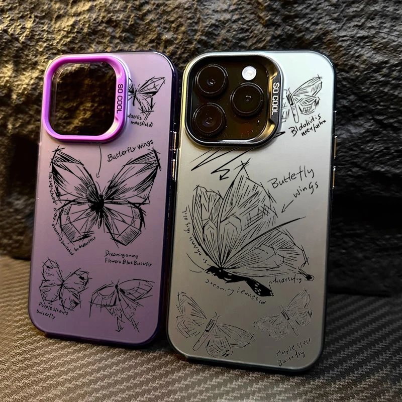 Sketch Lines Butterfly Electroplate Silver IMD Case For iPhone 15 Pro Max 14 13 12 11 Pro XR XS 7 8 Plus Shockproof Back Cover