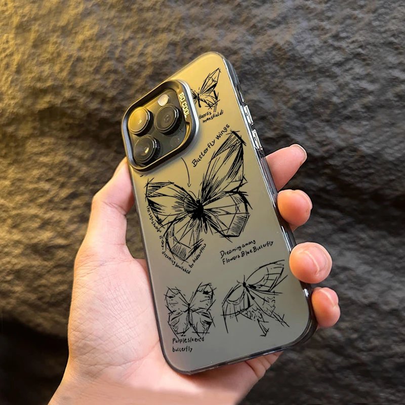 Sketch Lines Butterfly Electroplate Silver IMD Case For iPhone 15 Pro Max 14 13 12 11 Pro XR XS 7 8 Plus Shockproof Back Cover