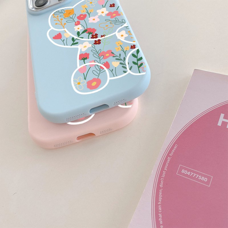 Cute Flower bear Silicone Mobile Phone Case For iPhone 15 14 13 12 11 Pro max Cartoon Printing Frosted Shockproof Back Cover