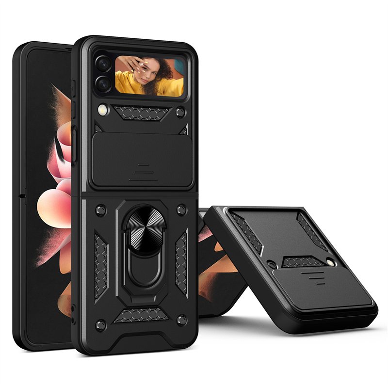 For Galaxy Z Flip 6 Case Armor Design PC Finger Ring Push Window Folding Cell Phone Cover with Samsung Flip Magnets