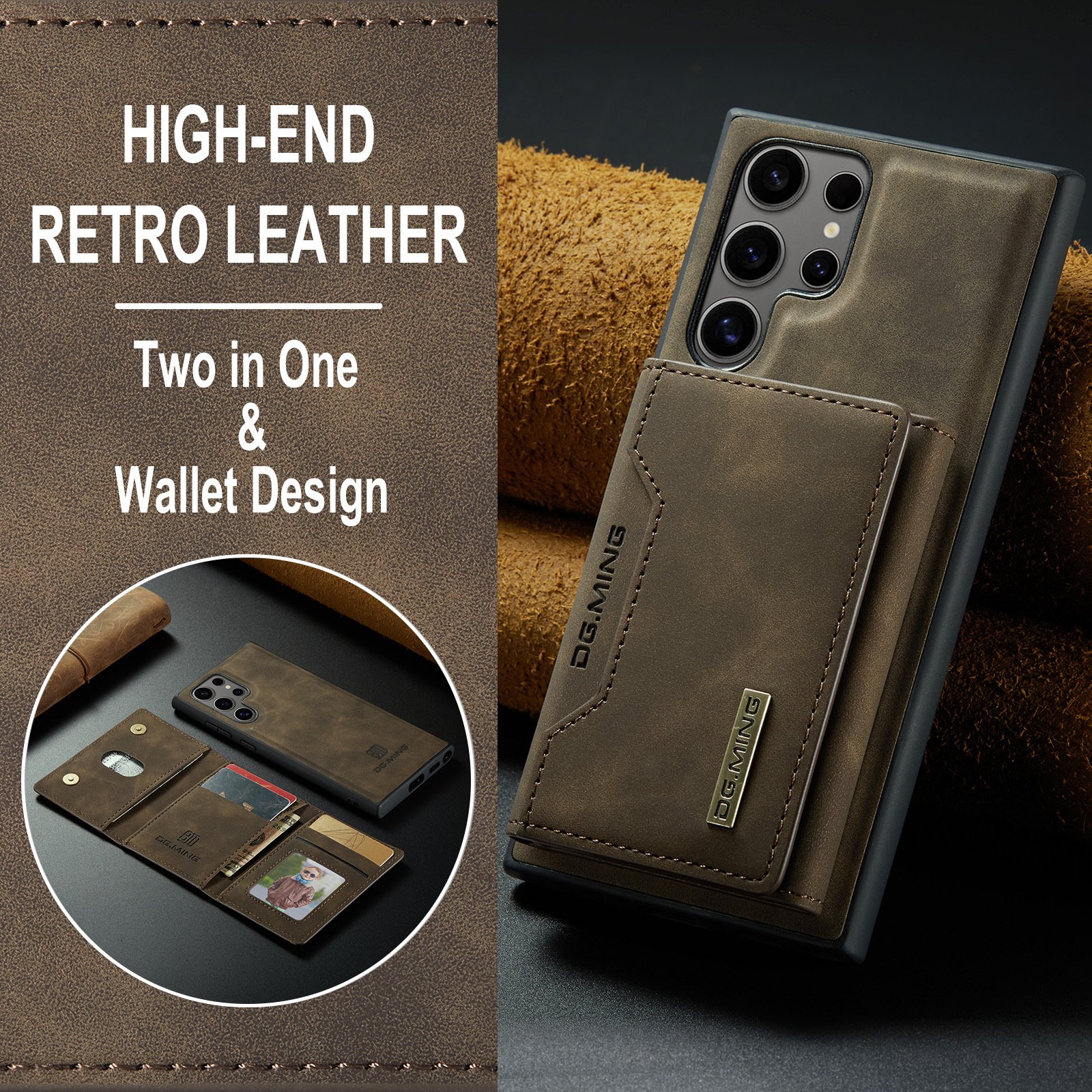 M2 For Samsung S24 Ultra Magnetic Card Holder Protective PU Leather Case S23 Ultra 2-in-1 Split Phone Case