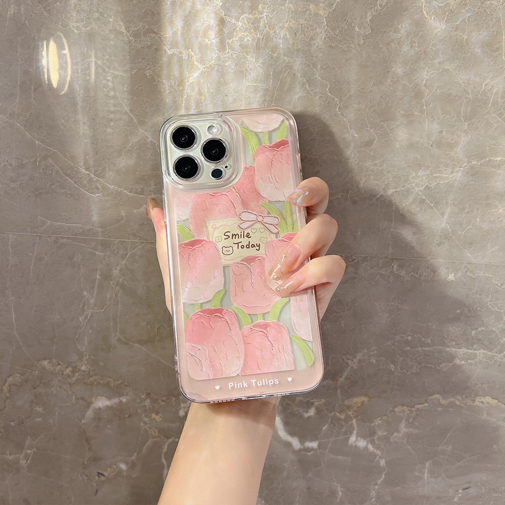 For iPhone16 Pro Max Painted Phone Case For iPhone15 14 13 12 11 Protective Cover Tulip Phone Accessories Customization