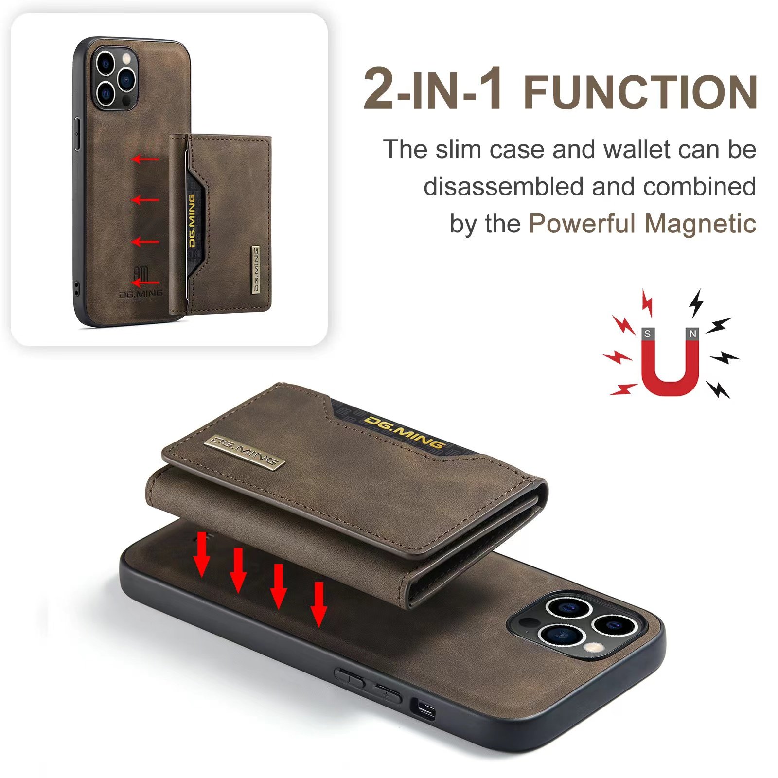 DG.MING Magnetic Detachable 2 IN 1 PU Leather Wallet Kickstand Phone Case for iPhone 16 Pro Max 16pro 16 Flip Wallet Case
