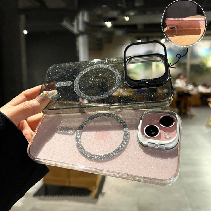 Stealth Lens Holder glitter Transparent Magnetic Clear Mobile phone case for iPhone 16 pro max 15 14 13 12 11 TPU PC cover