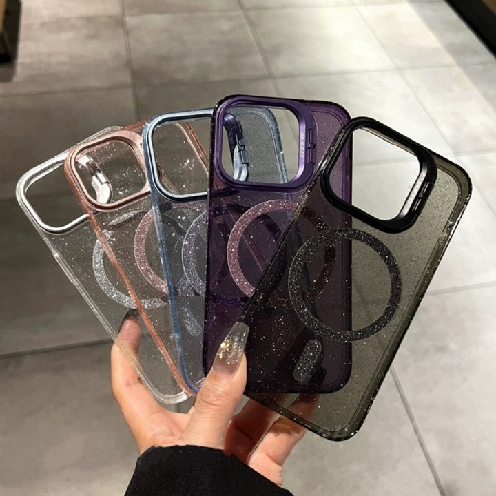Stealth Lens Holder glitter Transparent Magnetic Clear Mobile phone case for iPhone 16 pro max 15 14 13 12 11 TPU PC cover