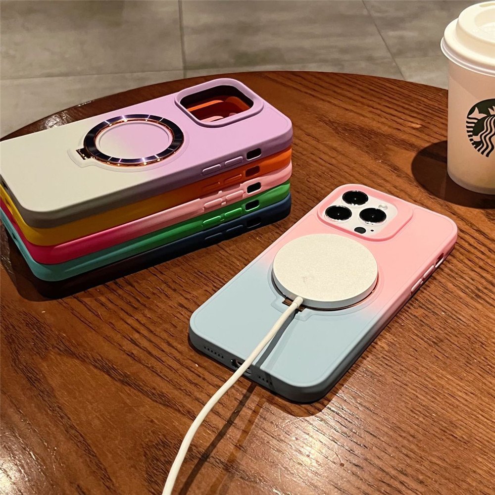 Wireless Charging Metal Hidden Holder Skin Feel Mobile Back Cover For iPhone 15 14 12 13 Pro Max Two Color Gradient Phone Case