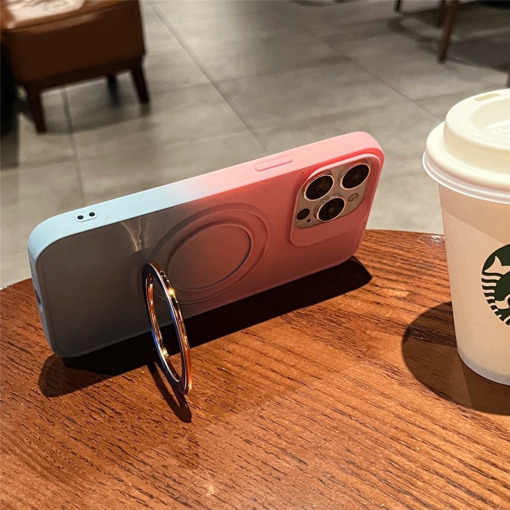 Wireless Charging Metal Hidden Holder Skin Feel Mobile Back Cover For iPhone 15 14 12 13 Pro Max Two Color Gradient Phone Case