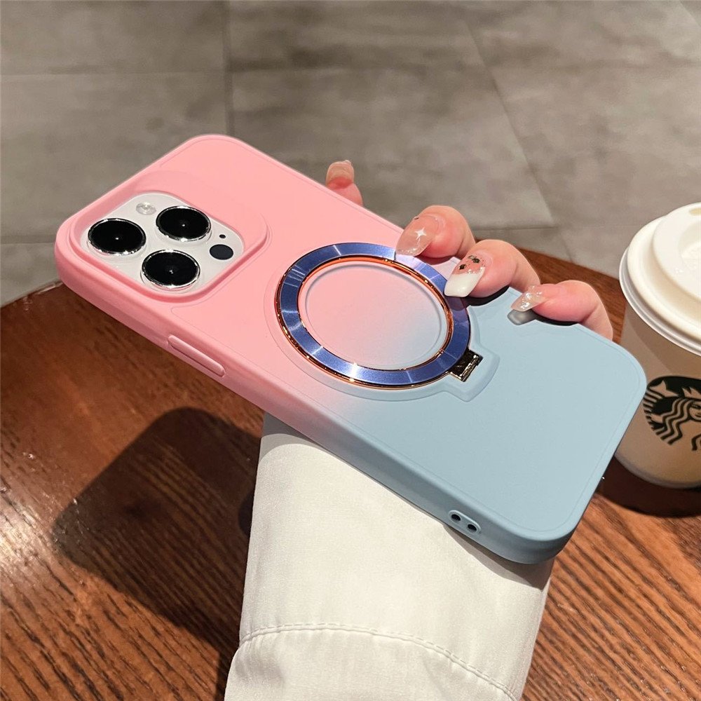 Wireless Charging Metal Hidden Holder Skin Feel Mobile Back Cover For iPhone 15 14 12 13 Pro Max Two Color Gradient Phone Case