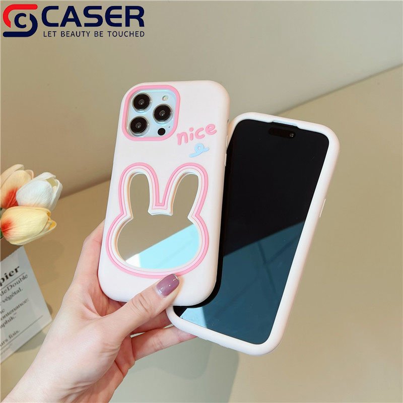 Korean Creative 3D Cute Rabbit Makeup Mirror Silicone Mobile Phone Case High Quality Lovely Pink Phone Covers For Iphone 16 14