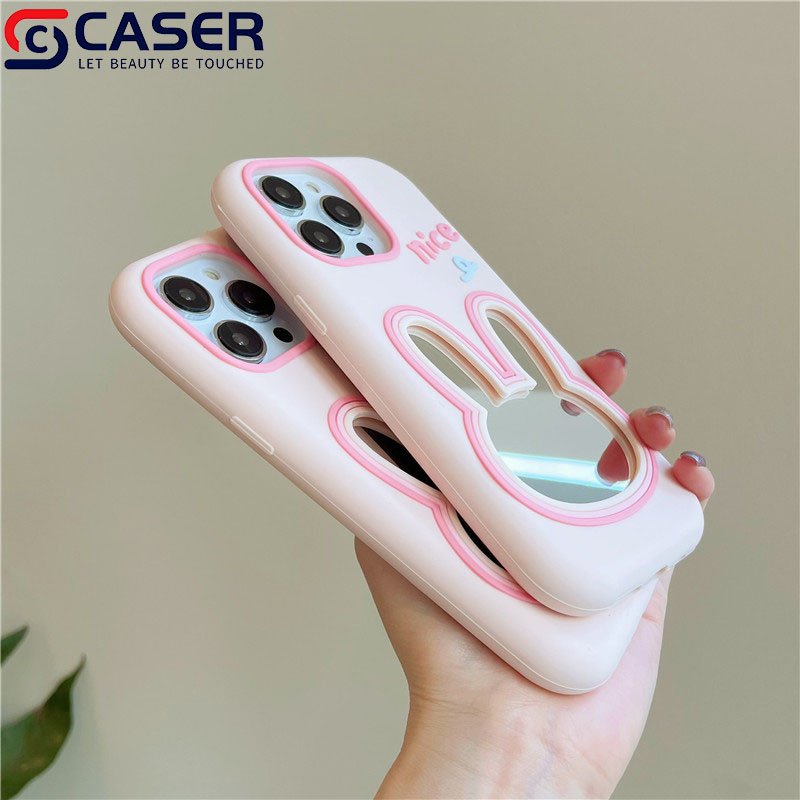 Korean Creative 3D Cute Rabbit Makeup Mirror Silicone Mobile Phone Case High Quality Lovely Pink Phone Covers For Iphone 16 14