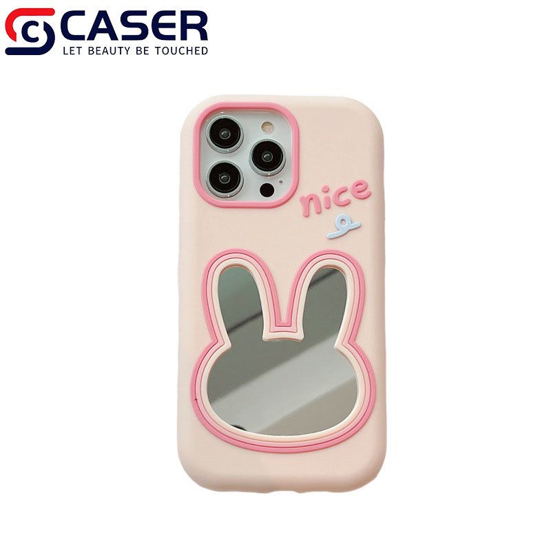Korean Creative 3D Cute Rabbit Makeup Mirror Silicone Mobile Phone Case High Quality Lovely Pink Phone Covers For Iphone 16 14