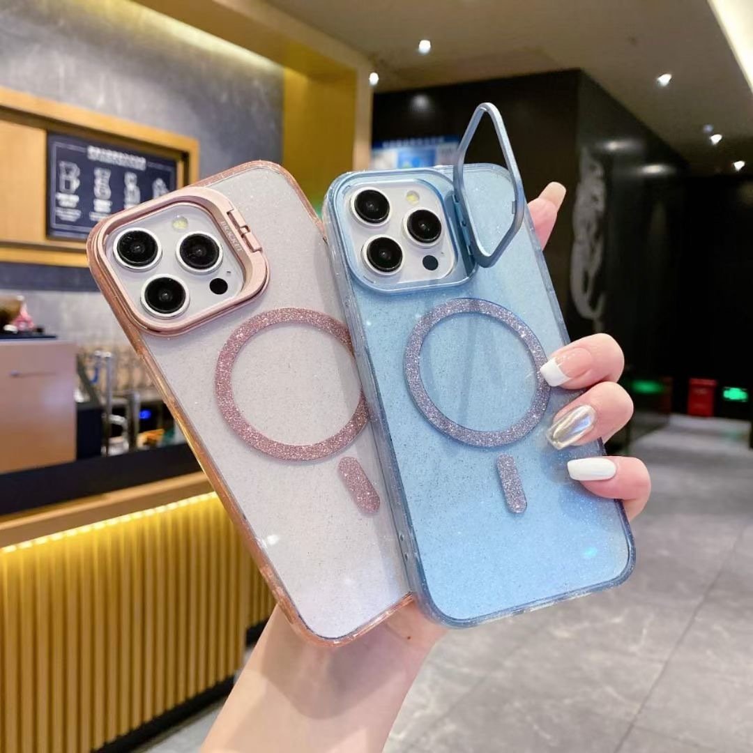 new arrival camera protection kickstand magnetic wireless charging glitter phone case cover for iphone 15 pro max 14 13 12