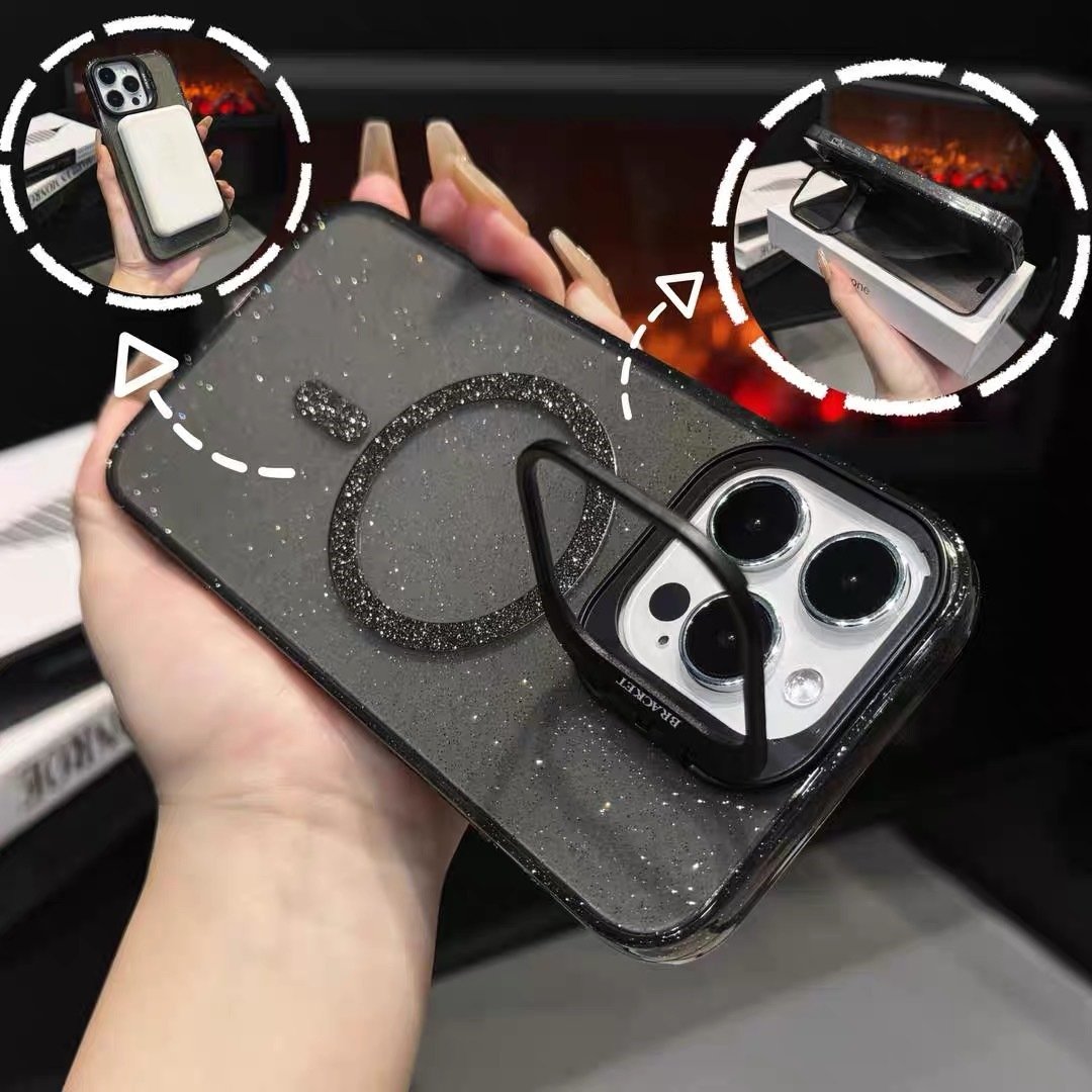 new arrival camera protection kickstand magnetic wireless charging glitter phone case cover for iphone 15 pro max 14 13 12