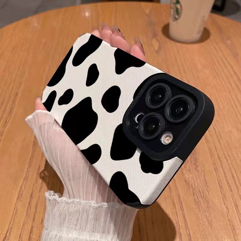 Black White Spotted Cow Stripes Printing Soft TPU Leather Mobile Phone Cover Case For Iphone 7 8 X Xr Xs 11 12 13 14 15 Pro Max