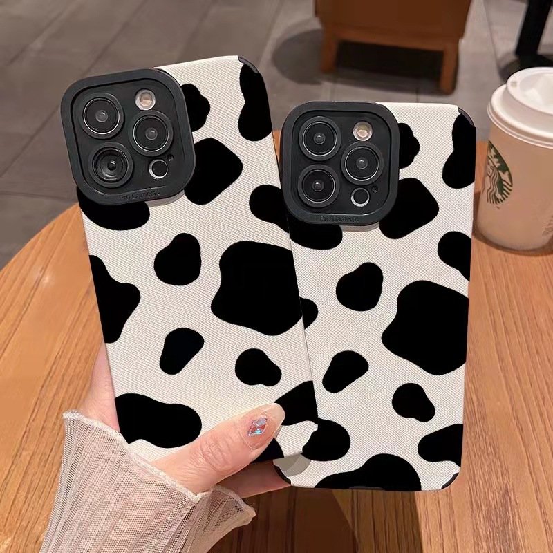 Black White Spotted Cow Stripes Printing Soft TPU Leather Mobile Phone Cover Case For Iphone 7 8 X Xr Xs 11 12 13 14 15 Pro Max