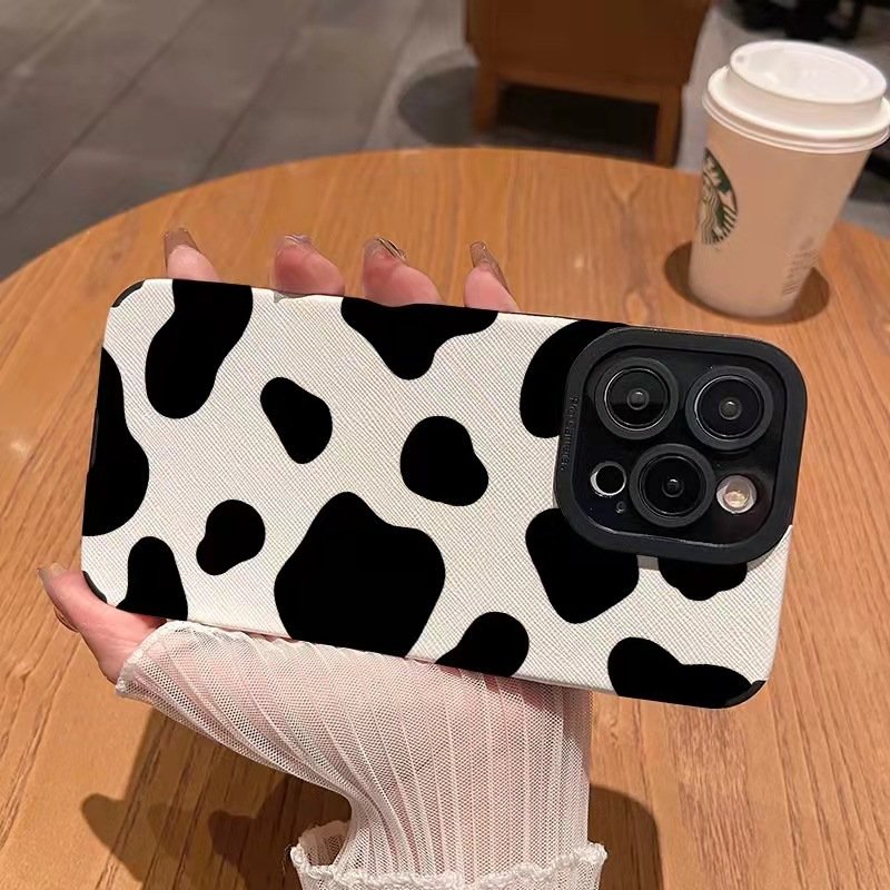Black White Spotted Cow Stripes Printing Soft TPU Leather Mobile Phone Cover Case For Iphone 7 8 X Xr Xs 11 12 13 14 15 Pro Max