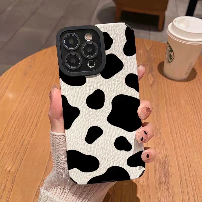 Black White Spotted Cow Stripes Printing Soft TPU Leather Mobile Phone Cover Case For Iphone 7 8 X Xr Xs 11 12 13 14 15 Pro Max