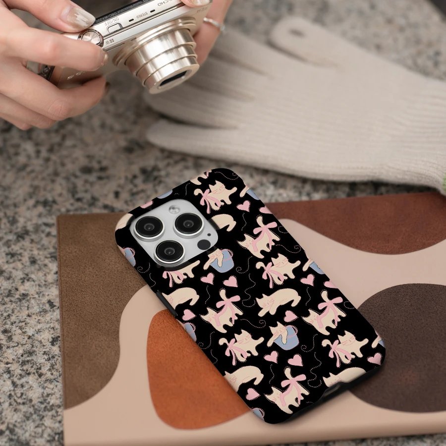 Black Cute Bowknot Cat Phone Case for IPHONE 15PRO MAX 14 13 12 11 PRO Plus 15pro Acrylic TPU Two in One Mobile Phone Cases