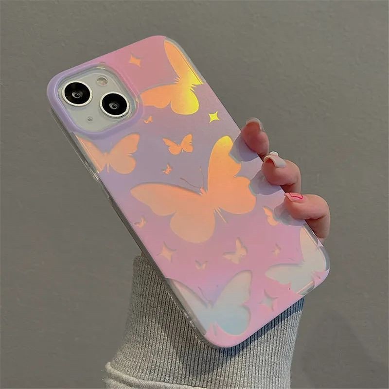 Luxury Cute Glitter Laser Butterfly Acrylic Hard PC Shockproof Soft Cover Phone Case For iPhone 15 Pro Max 11 13 14 12ProMax
