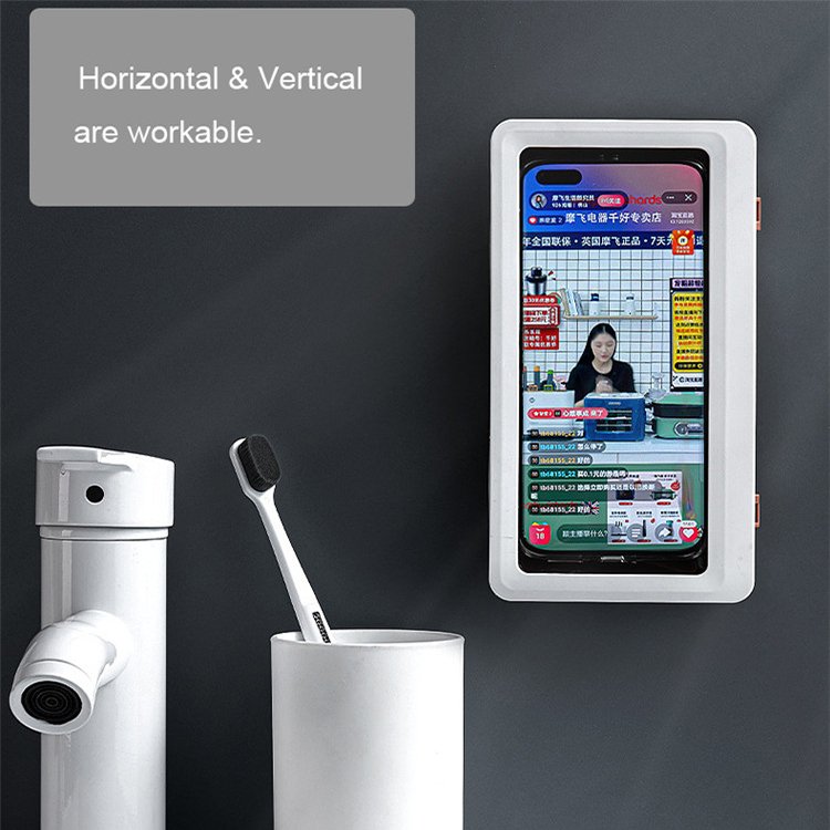 White Blue ABS Anti Fog Bathroom Shower Phone Case Shelf Waterproof Sticky Wall Mount Storage Box Bath Phone Holder OEM 2020 Hot