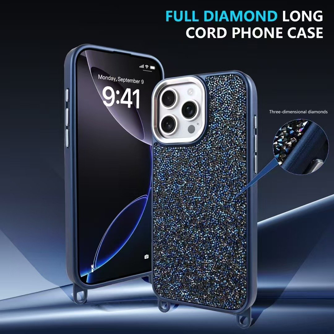 Women Ladies Luxury Full Diamond Bling Lanyard Long Cord Mobile Phone Cases For iPhone 16 15 14 13 Pro Max Shockproof Back Cover