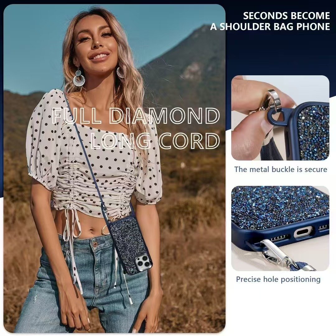Women Ladies Luxury Full Diamond Bling Lanyard Long Cord Mobile Phone Cases For iPhone 16 15 14 13 Pro Max Shockproof Back Cover