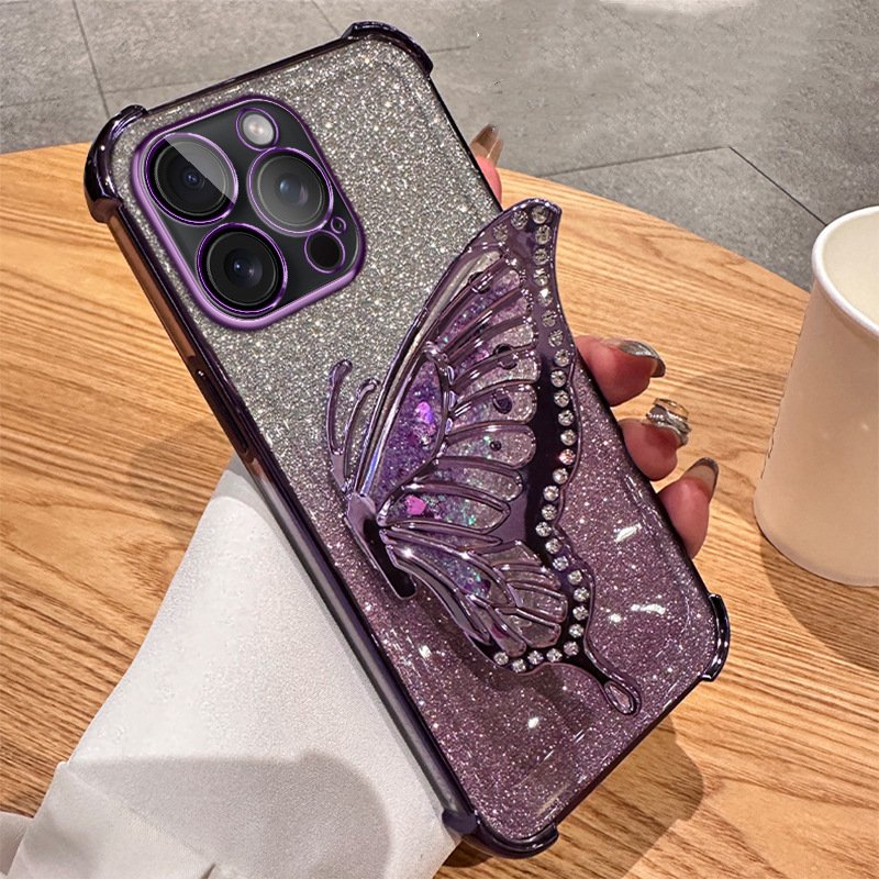 Liquid Quicksand Butterfly Holder Plating Mobile Phone Case for iPhone 16 Pro Max