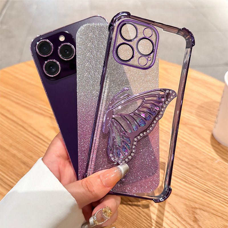 Liquid Quicksand Butterfly Holder Plating Mobile Phone Case for iPhone 16 Pro Max