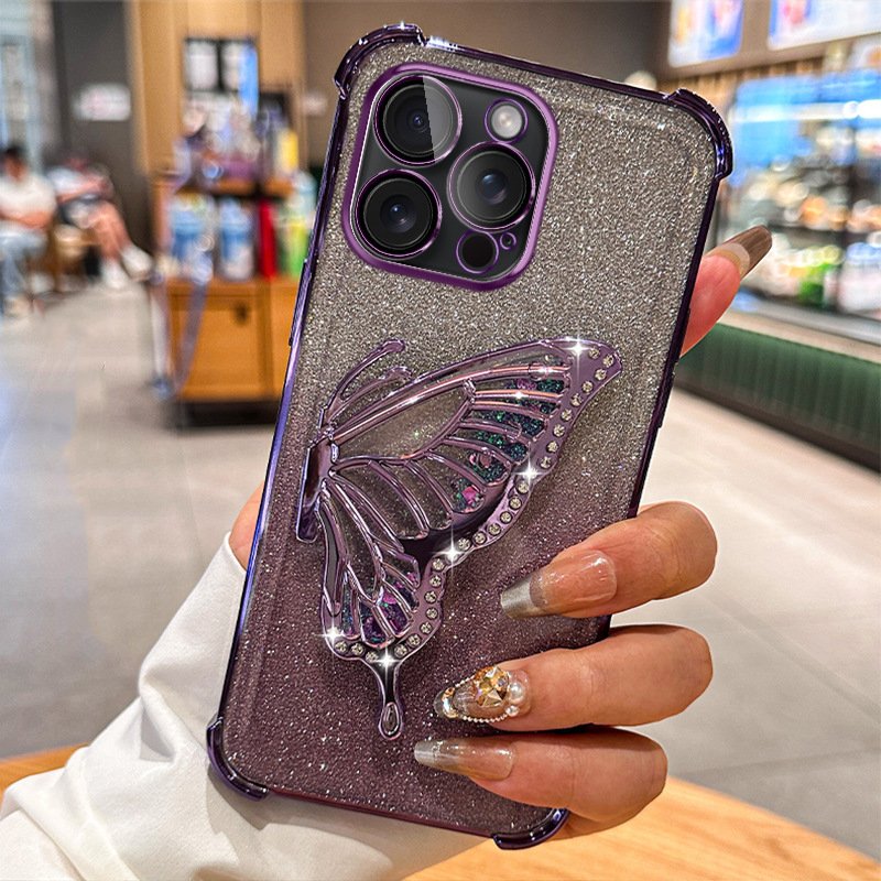 Liquid Quicksand Butterfly Holder Plating Mobile Phone Case for iPhone 16 Pro Max