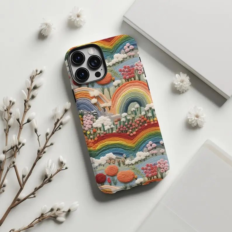 Rainbow Faux Embroidered Phone Case For IPHONE 15PRO MAX 14 13 12 11 PRO Plus 15pro Acrylic TPU Two in one Mobile Phone Cases